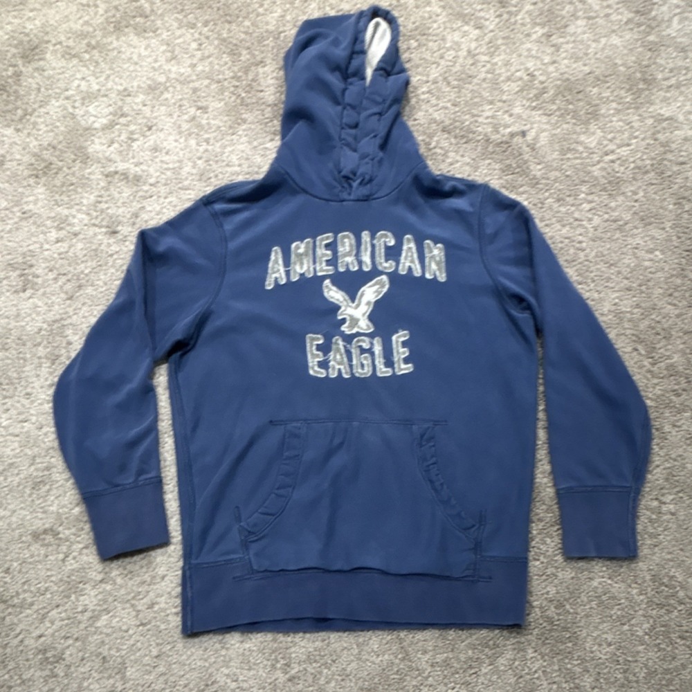 American Eagle Outfitters Men's Blue Cotton Fleece Pullover Hoodie Logo L